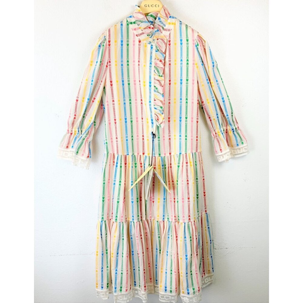 NWT Gucci Kids cotton Multicolor embroidered stripe dress size 12 - Picture 2 of 11